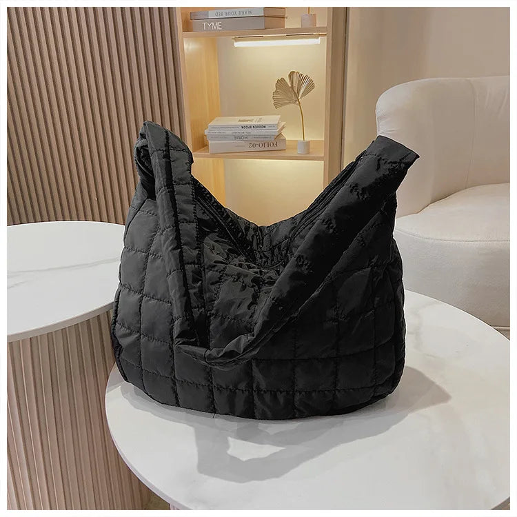 Winter Big Shoulder Bags Space Cotton Handbags Women Casual Tote Down Plaid Latt