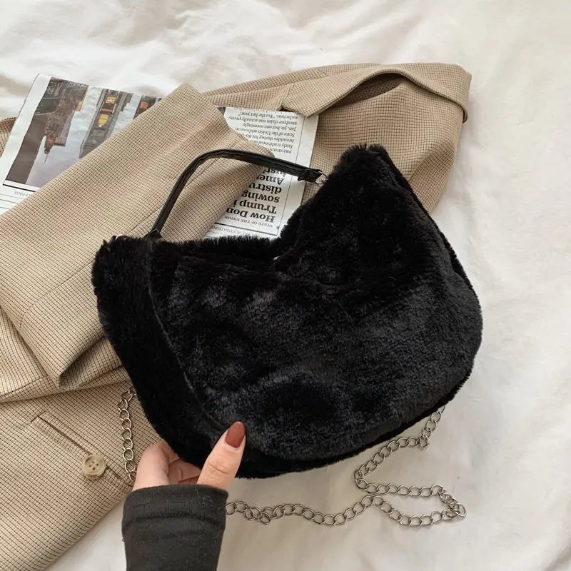Winter Cow Print Shoulder Bag Soft Plush Handbag Female Chain Crossbody