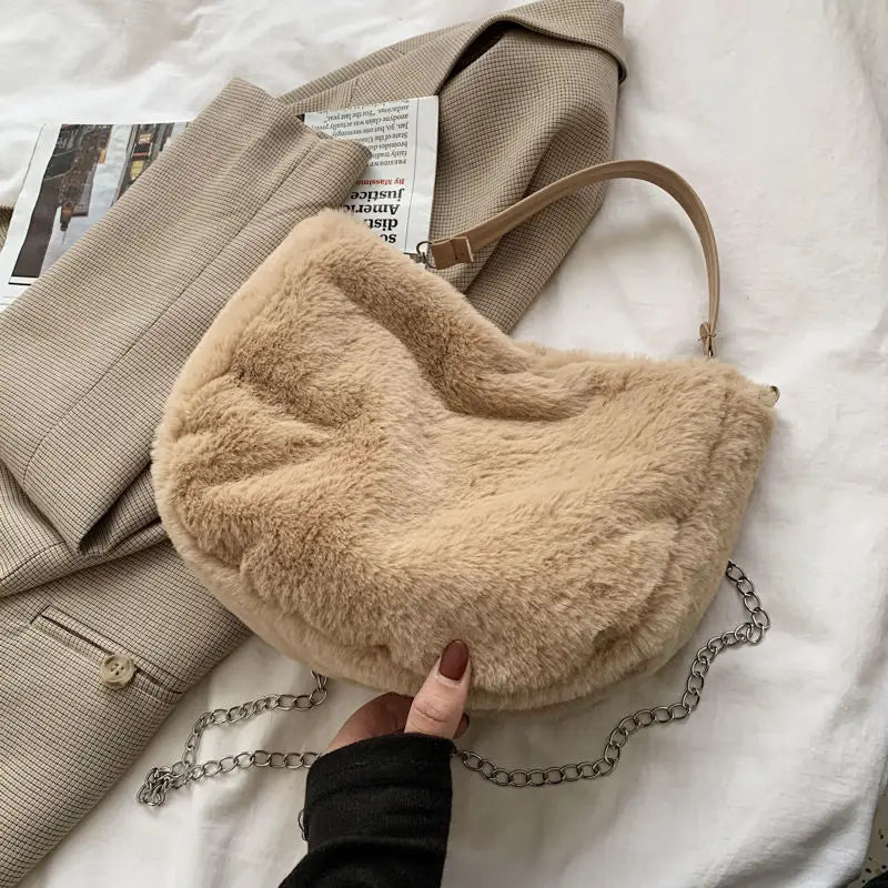 Winter Cow Print Shoulder Bag Soft Plush Handbag Female Chain Crossbody