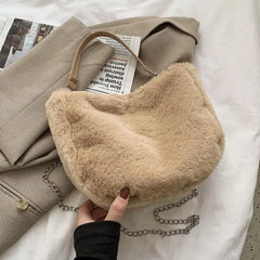 Winter Cow Print Shoulder Bag Soft Plush Handbag Female Chain Crossbody