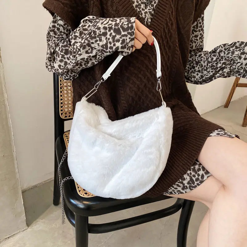 Winter Cow Print Shoulder Bag Soft Plush Handbag Female Chain Crossbody