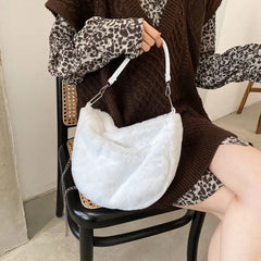 Winter Cow Print Shoulder Bag Soft Plush Handbag Female Chain Crossbody
