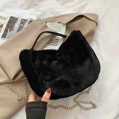 Winter Cow Print Shoulder Bag Soft Plush Handbag Female Chain Crossbody
