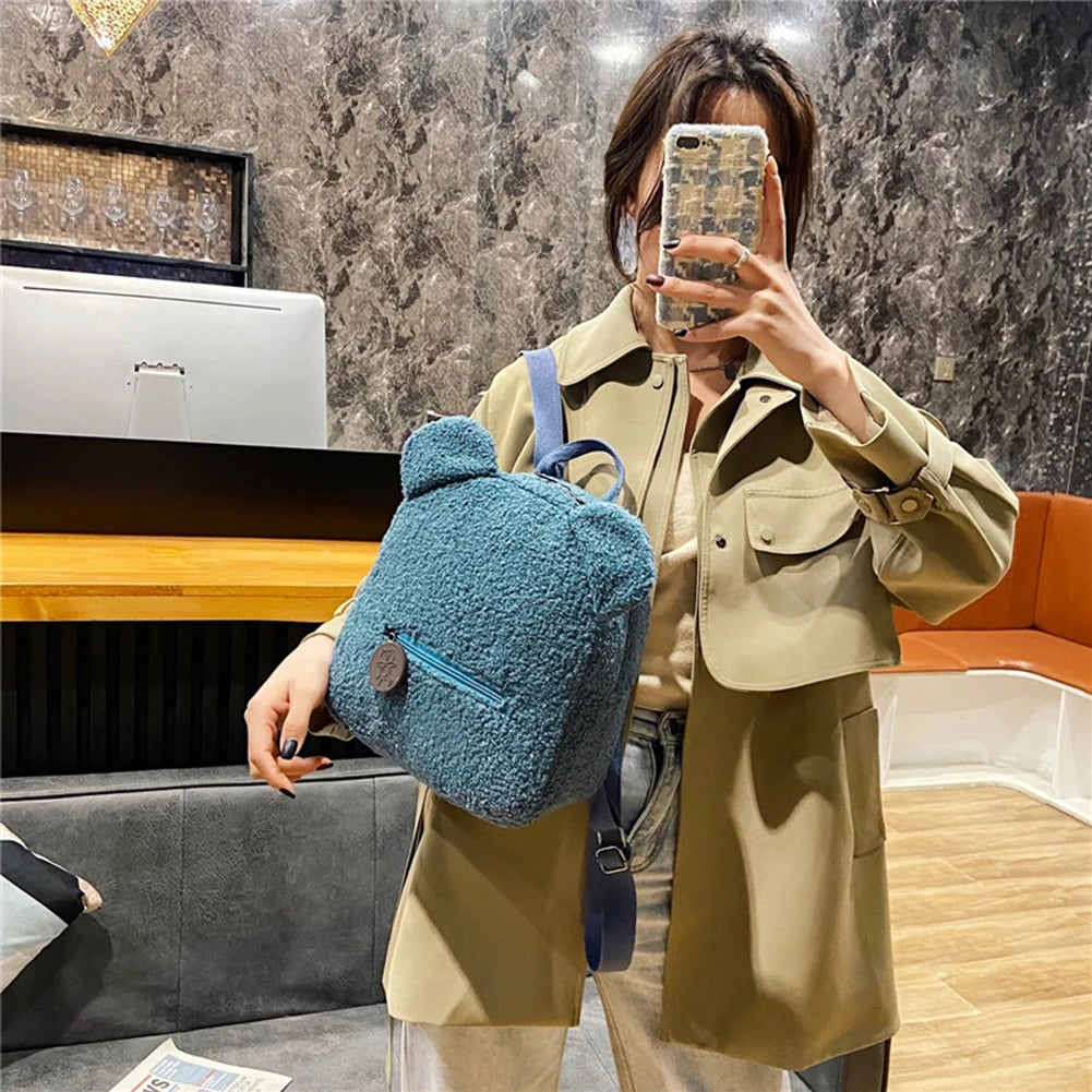 Winter Fleece Cartoon Bear Backpack Women's Shoulder Bag
