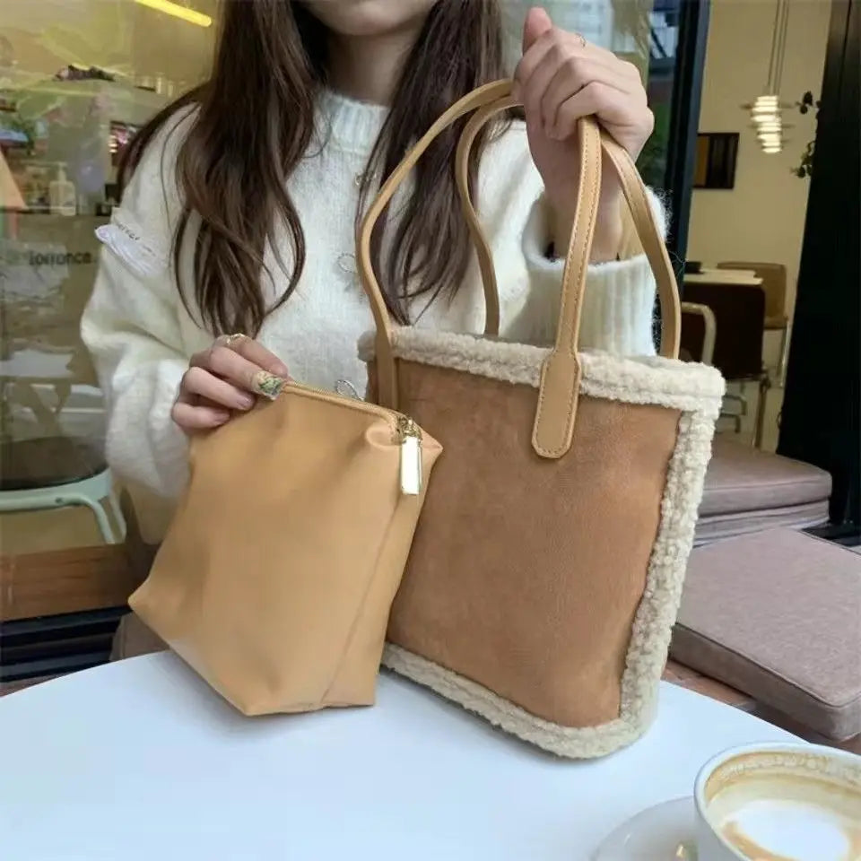 Winter Lambswool Shoulder Bags Women Large Capacity Shopping Buckets