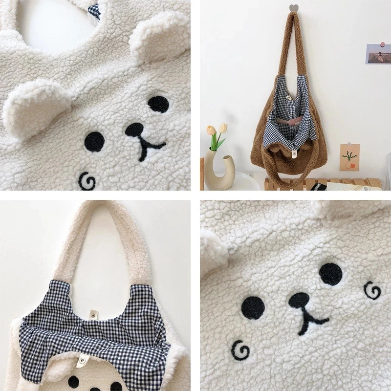 Winter Plush Tote Bag, Cartoon Embroidery Lamb Hair Shoulder Bag