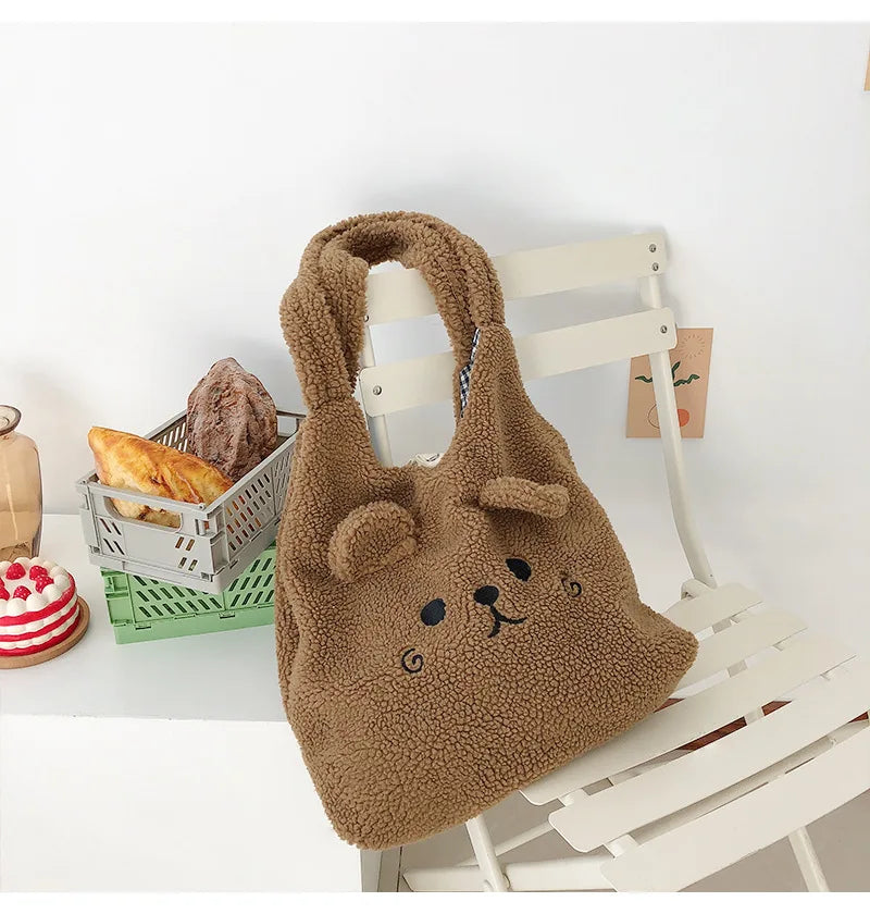 Winter Plush Tote Bag, Cartoon Embroidery Lamb Hair Shoulder Bag