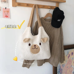Plush Tote Bag Cartoon Embroidery Lamb Hair Shoulder Bag Women Shopper Bag