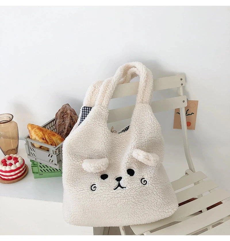 Winter Plush Tote Bag, Cartoon Embroidery Lamb Hair Shoulder Bag