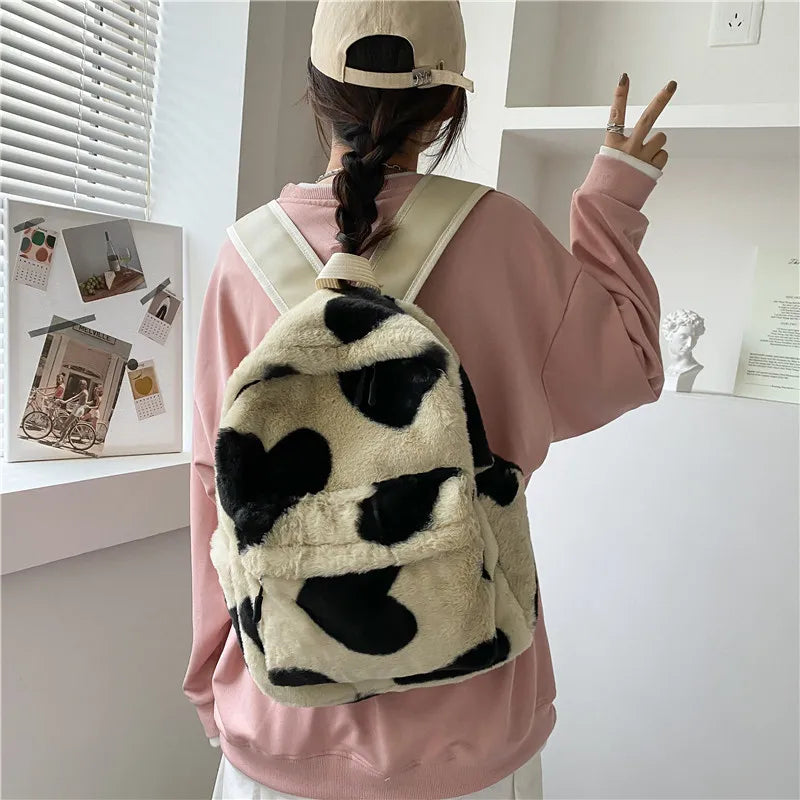 Winter Women Soft Plush Backpack Teenager Girls School Shoulder Bag Cow Print