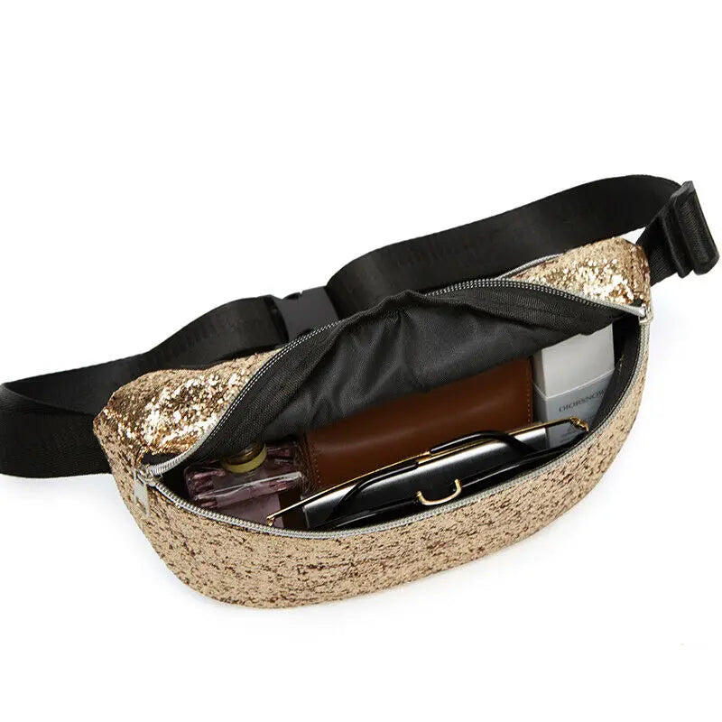 Women Glitter Belt Waist Bag - Zipper Travel Fanny Pack
