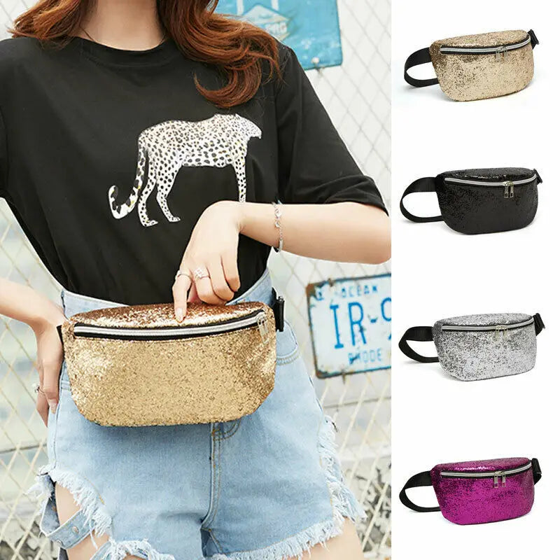 Women Glitter Belt Waist Bag - Zipper Travel Fanny Pack