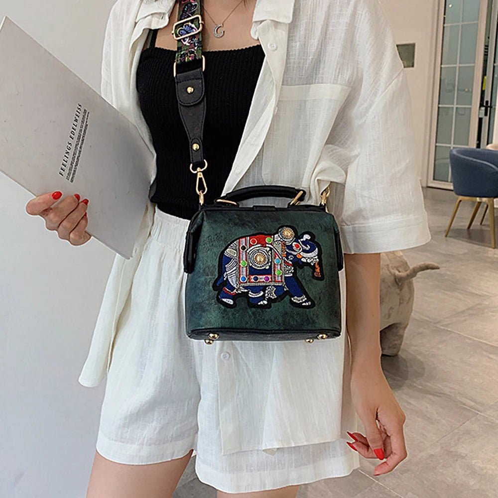 Women Bag Retro Elephant Embroidery Wide Shoulder Strap Single Shoulder Bag