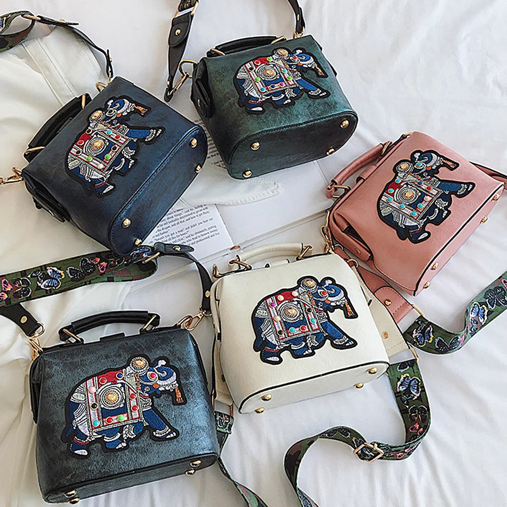 Women Bag Retro Elephant Embroidery Wide Shoulder Strap Single Shoulder Bag