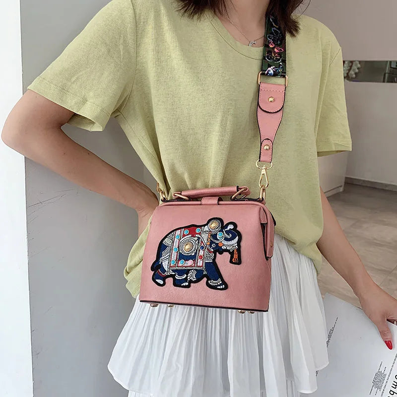 Women Bag Retro Elephant Embroidery Wide Shoulder Strap Single Shoulder Bag