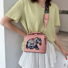 Women Bag Retro Elephant Embroidery Wide Shoulder Strap Single Shoulder Bag
