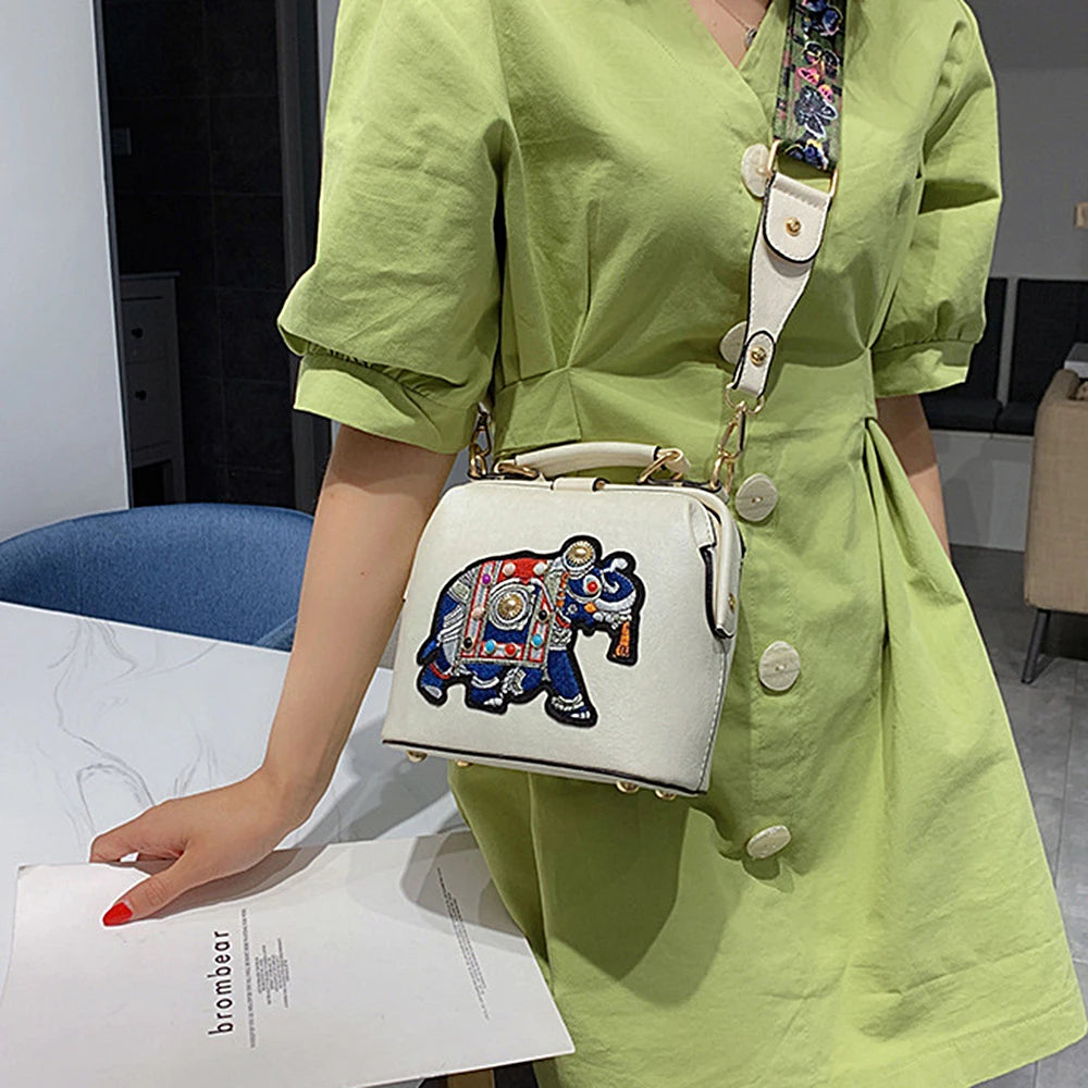 Women Bag Retro Elephant Embroidery Wide Shoulder Strap Single Shoulder Bag