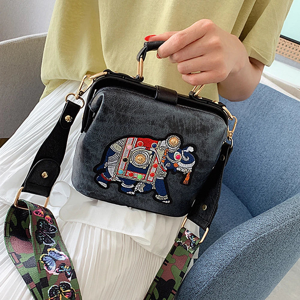 Women Bag Retro Elephant Embroidery Wide Shoulder Strap Single Shoulder Bag
