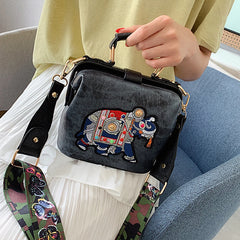 Women Bag Retro Elephant Embroidery Wide Shoulder Strap Single Shoulder Bag