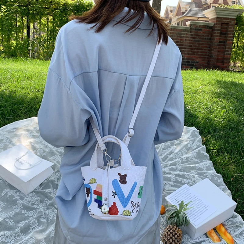 Doodle Letter Messenger Shoulder Bag Girls Drawstring Bucket Crossbody Bag