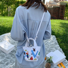 Doodle Letter Messenger Shoulder Bag Girls Drawstring Bucket Crossbody Bag