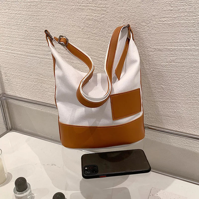 Women Canvas Handbags Lady Shoulder Contrast Large Capacity Bolsa Feminina