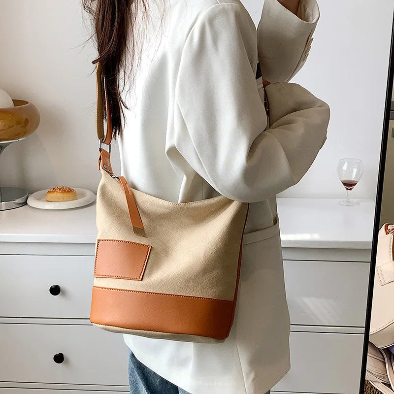 Women Canvas Handbags Lady Shoulder Contrast Large Capacity Bolsa Feminina