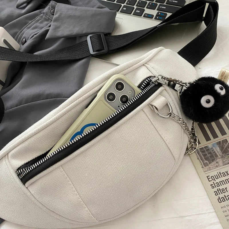 Women Chain Waist Bag Canvas Fanny Pack Money Phone Chest Bag