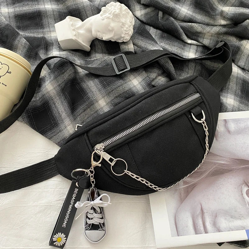 Women Chain Waist Bag Ladies Canvas Fanny Pack Travel Money