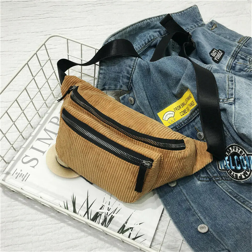 Women Corduroy Fanny Pack Waist Bag Lady Pleated Pattern Waist Belt Pouch