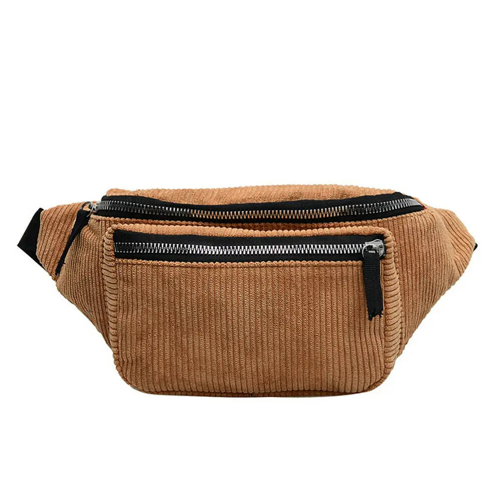 Women Corduroy Fanny Pack Waist Bag Lady Pleated Pattern Waist Belt Pouch