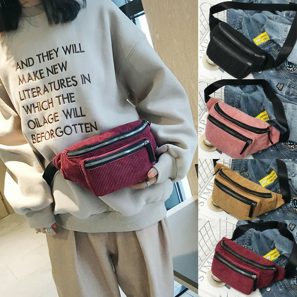 Women Corduroy Fanny Pack Waist Bag Lady Pleated Pattern Waist Belt Pouch