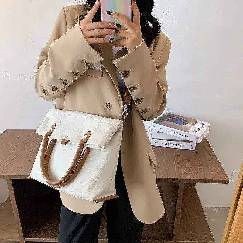 Women Canvas Shoulder Bags Large Capacity Casual Totes Preppy Style