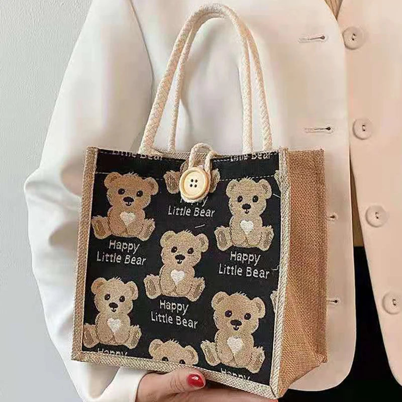 Women Girls Bear Canvas Tote Bags Large Capacity Lunch Bag