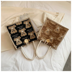 Women Girls Bear Canvas Tote Bags Large Capacity Lunch Bag