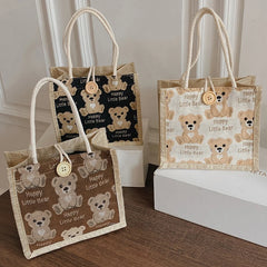 Women Girls Bear Canvas Tote Bags Large Capacity Lunch Bag