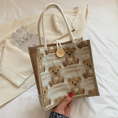 Women Girls Bear Canvas Tote Bags Large Capacity Lunch Bag