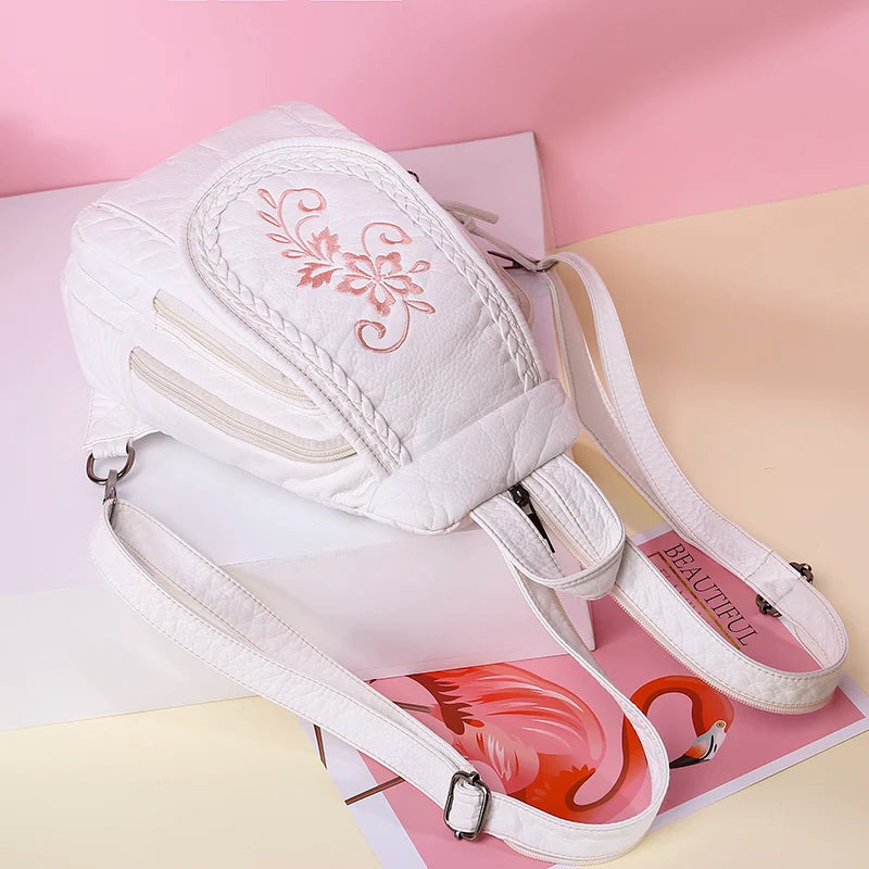 Women Leather Backpack Small Travel Backpack Flowers Embroidery School Bags