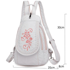 Women Leather Backpack Small Travel Backpack Flowers Embroidery School Bags