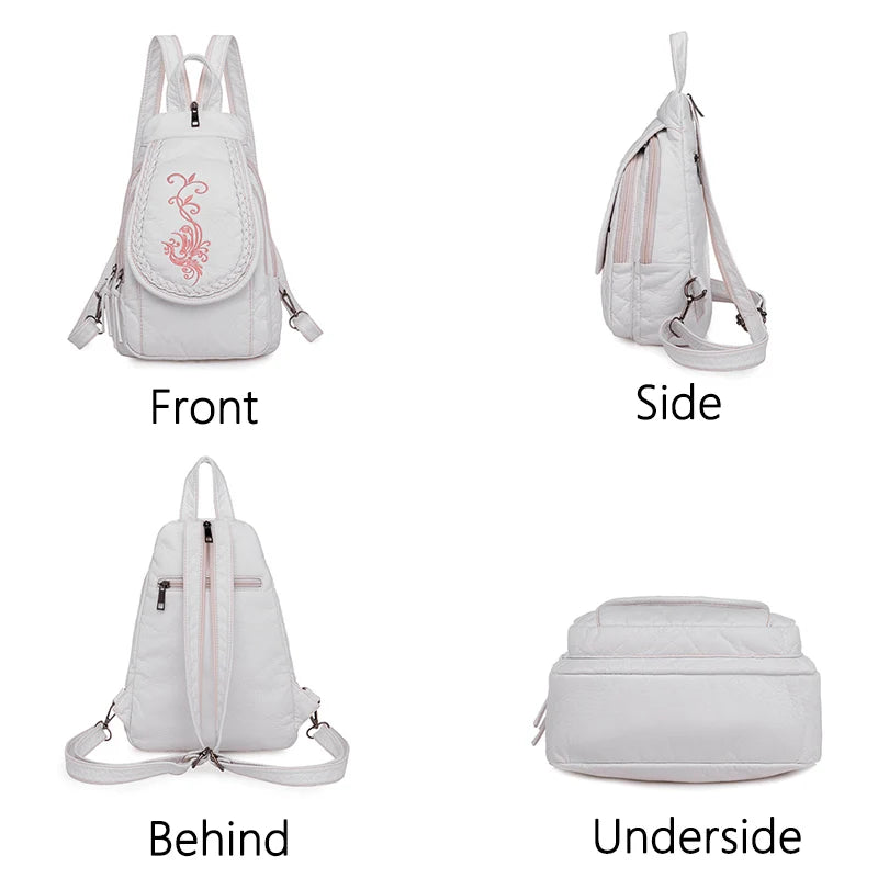 Women Leather Backpack Small Travel Backpack Flowers Embroidery School Bags