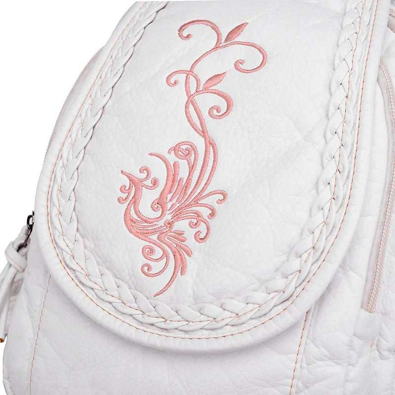 Women Leather Backpack Small Travel Backpack Flowers Embroidery School Bags