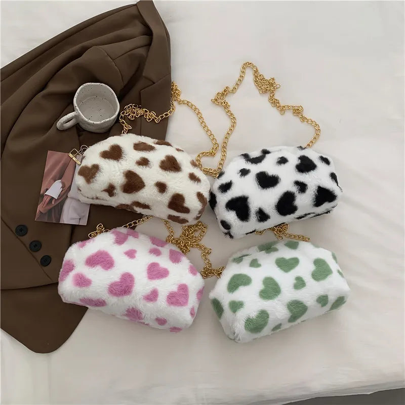 Women Love Heart Shoulder Messenger Chain Cross Body Chain Bags Zipper Purses