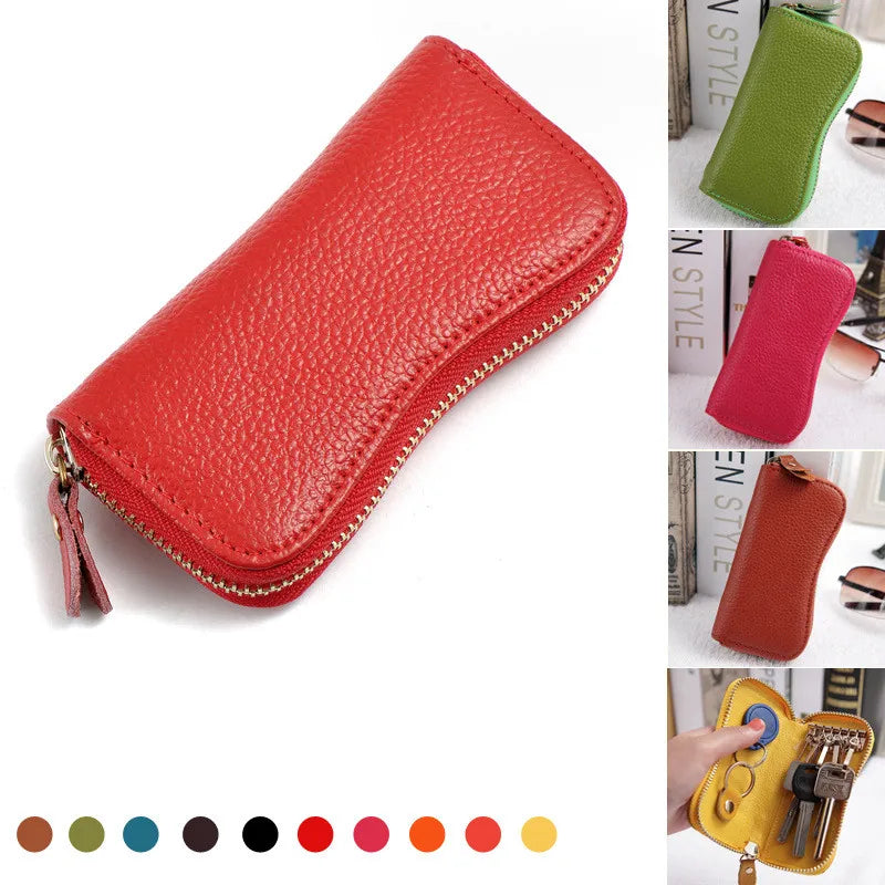Cowhide Leather Zipper Purse Key Rings Bag Key Wallets