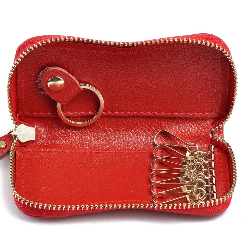 Cowhide Leather Zipper Purse Key Rings Bag Key Wallets