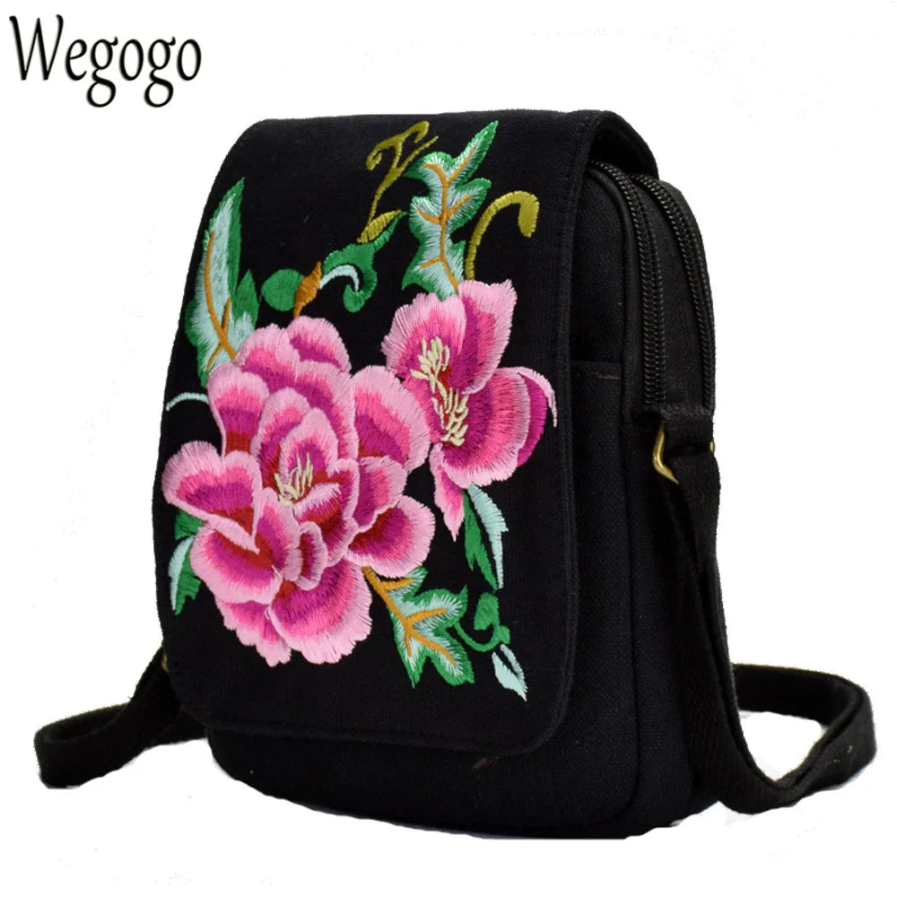 Boho Floral Embroidery Messenger Bag Canvas Small Coins Purse Shoulder Bags