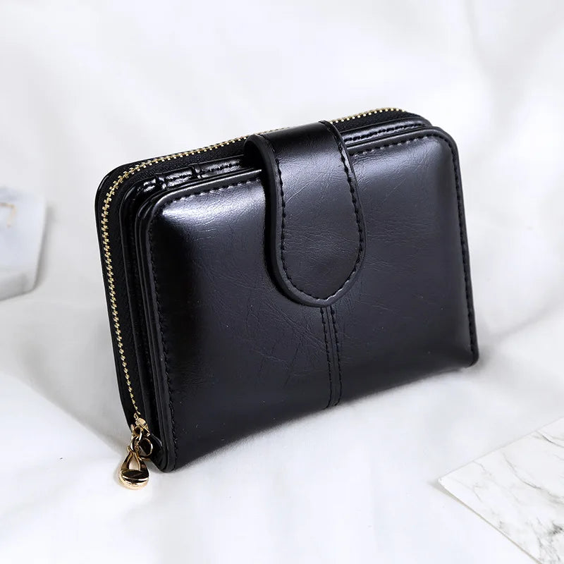Women Retro Zipper Wallet Oil Wax Leather Short Wallet Small Card Bag