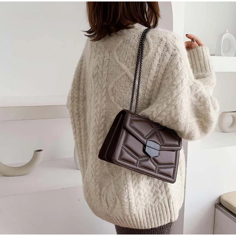Women PU Leather Rivet Chain Shoulder Bag Handbags Crossbody Messenger Bags