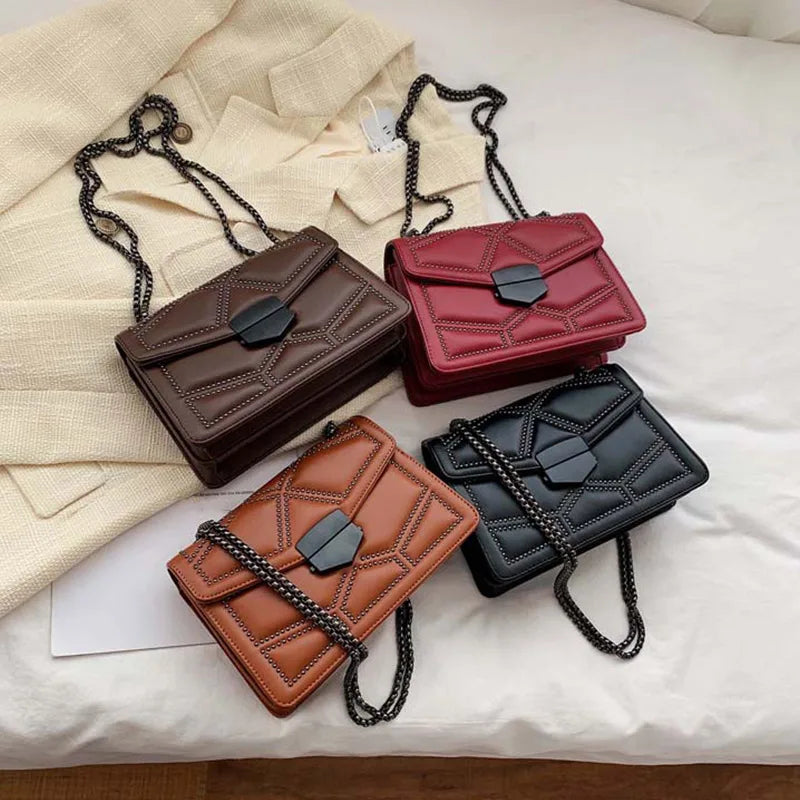 Women PU Leather Rivet Chain Shoulder Bag Handbags Female Crossbody Messenger Ba