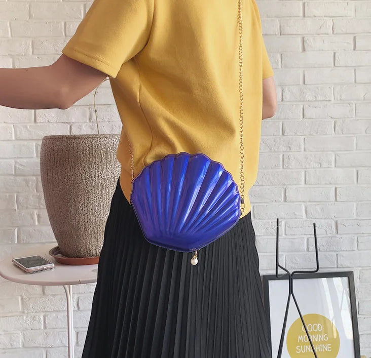 Women's Patent Leather Chain Messenger Bag with Scallop Design