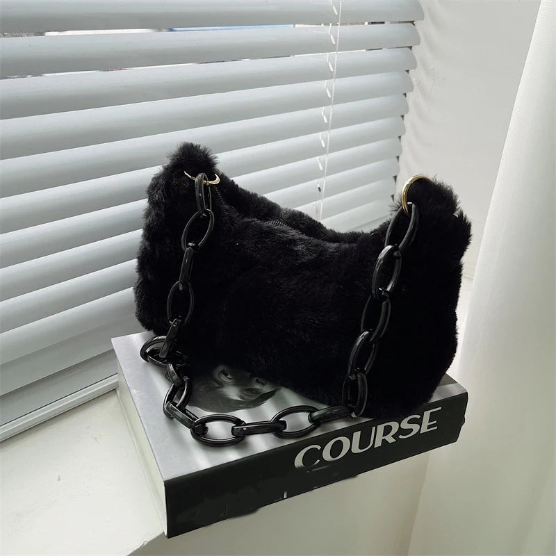 Women Soft Plush Shoulder Bag Autumn Winter Small Underarm Bag Female Acrylic Ch